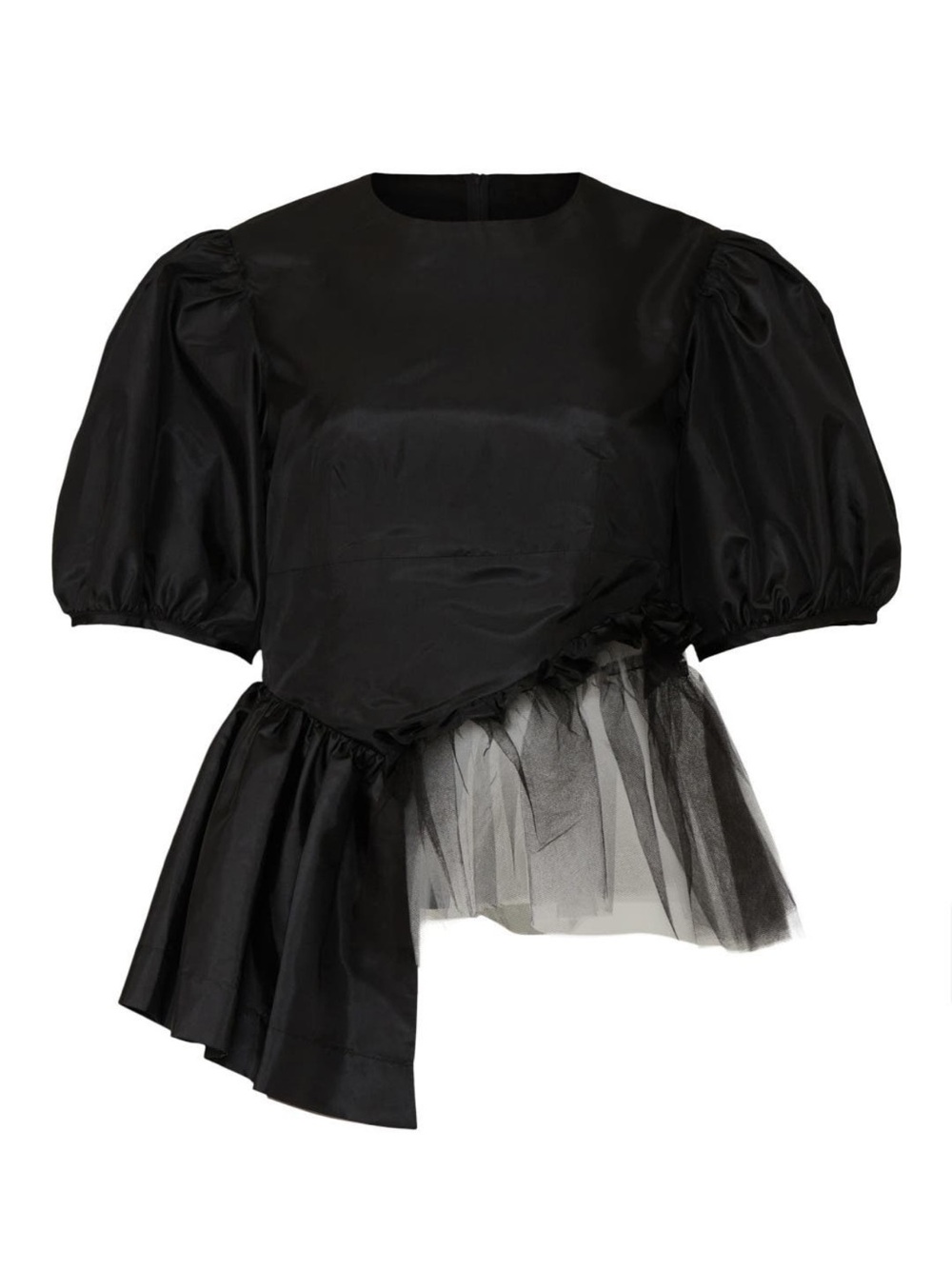 Sandy Liang Black Puff-Sleeve Asymmetric Tulle Top